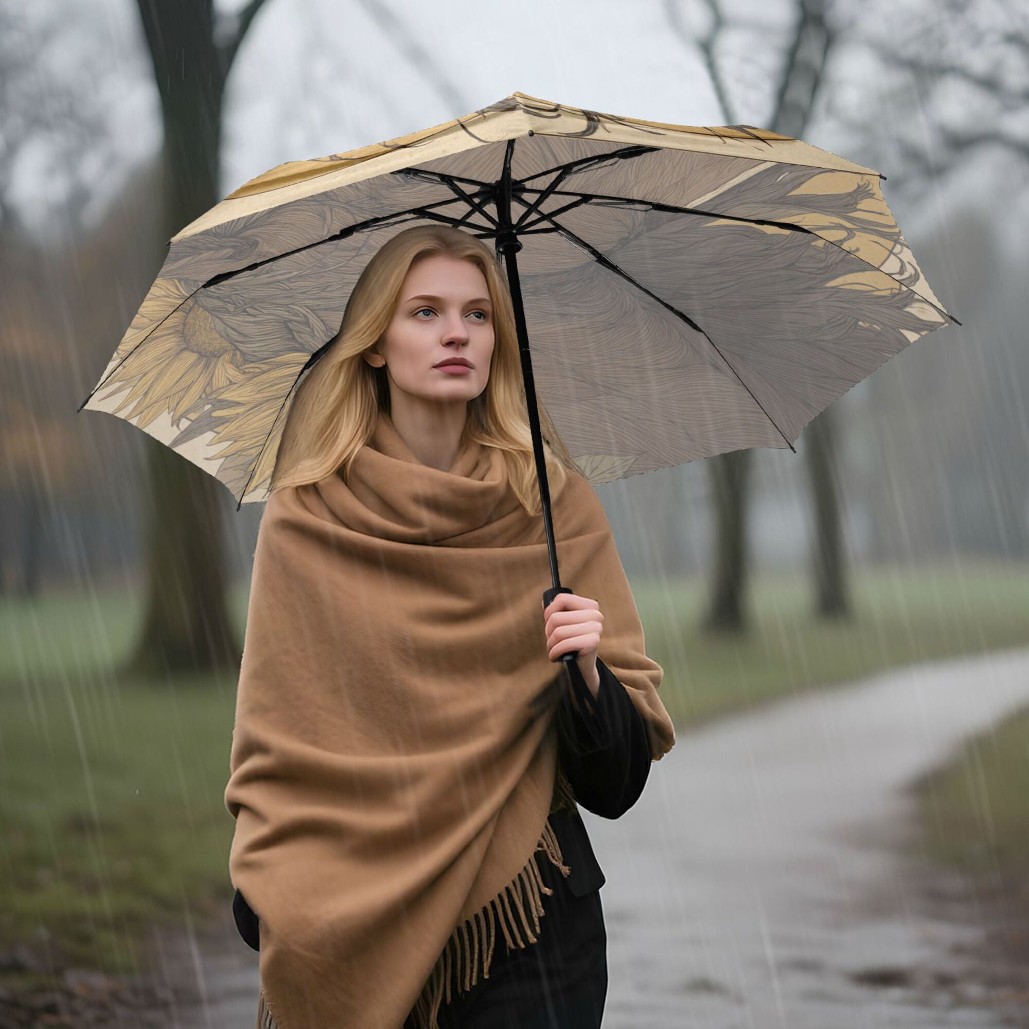 21" Inch Auto Open Close Folding Umbrella Windproof Waterproof Full Print 8-Rib Compact Travel Umbrella for Rainy Days Brown Horse with Sunflower