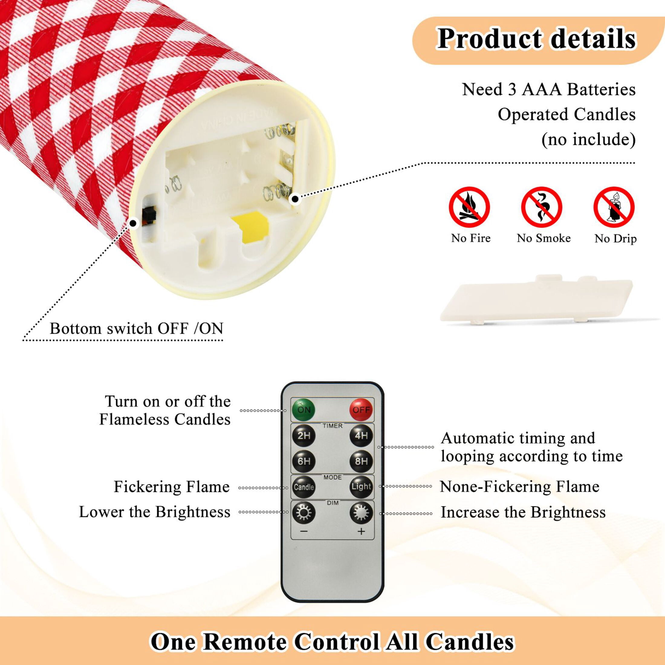 Iauyy Flameless Candles Battery Operated LED Pillar Candles with Remote and Timer, Red and White Checkered Pattern Set of 2 （M)