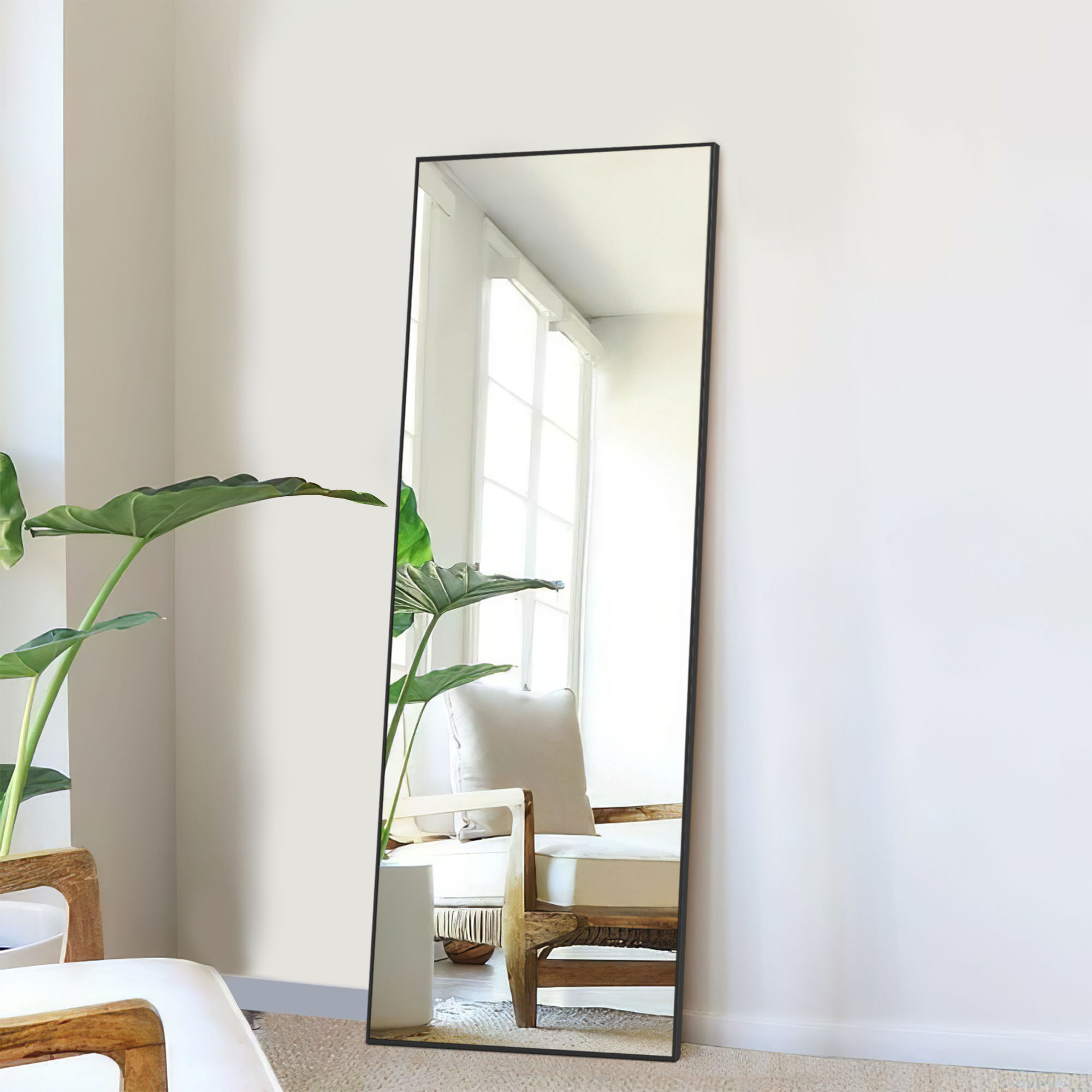 51"x16" Full Length Mirror Aluminum Alloy Rectangle Body Dressing Floor Mirrors with Stand Black
