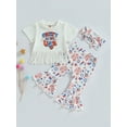 thumbnail image 2 of Bagilaanoe 4th of July Clothes for Toddler Baby Girls Short Sleeve Letter Print T-Shirts Tops + Flare Trousers + Headband 6M 12M 18M 24M 3T 4T Kid Independence Day Outfits 2pcs Long Pants Set, 2 of 9