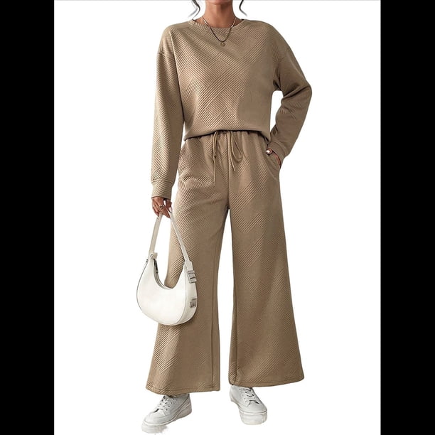 Conjunto de Dos Piezas de Otoño para Mujer, Jersey de Larga, Pantalones Anchos, Conjunto Informal A Juego, Ropa de Moda. Caqui S