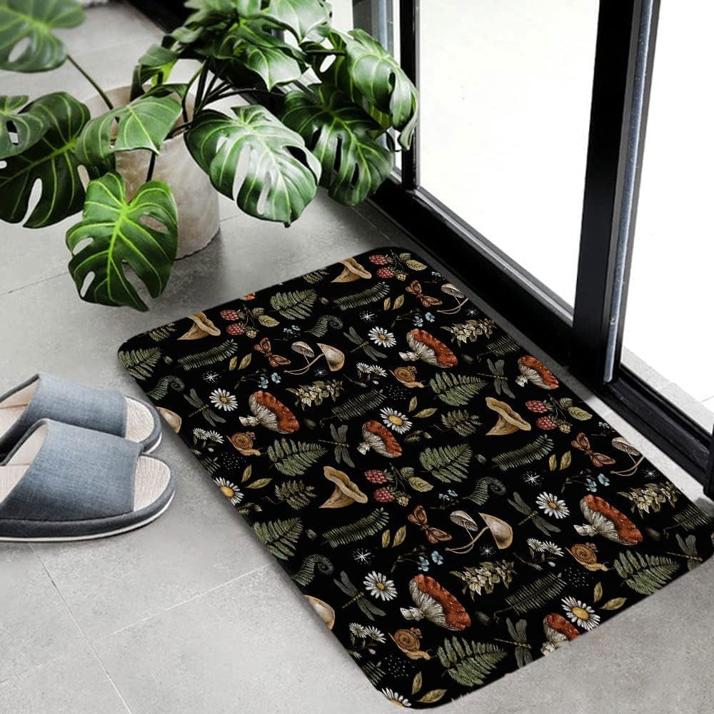 Vintage Mushroom Boho Bathroom Rugs, Magic Fairy Witchy Woodland Nature Plant Bath Mat, Hippie Botanical Floral Aesthetics Outdoor Rug, Soft Non Slip Floor Rugs for Living Room Kitchen Doormat, 17x29