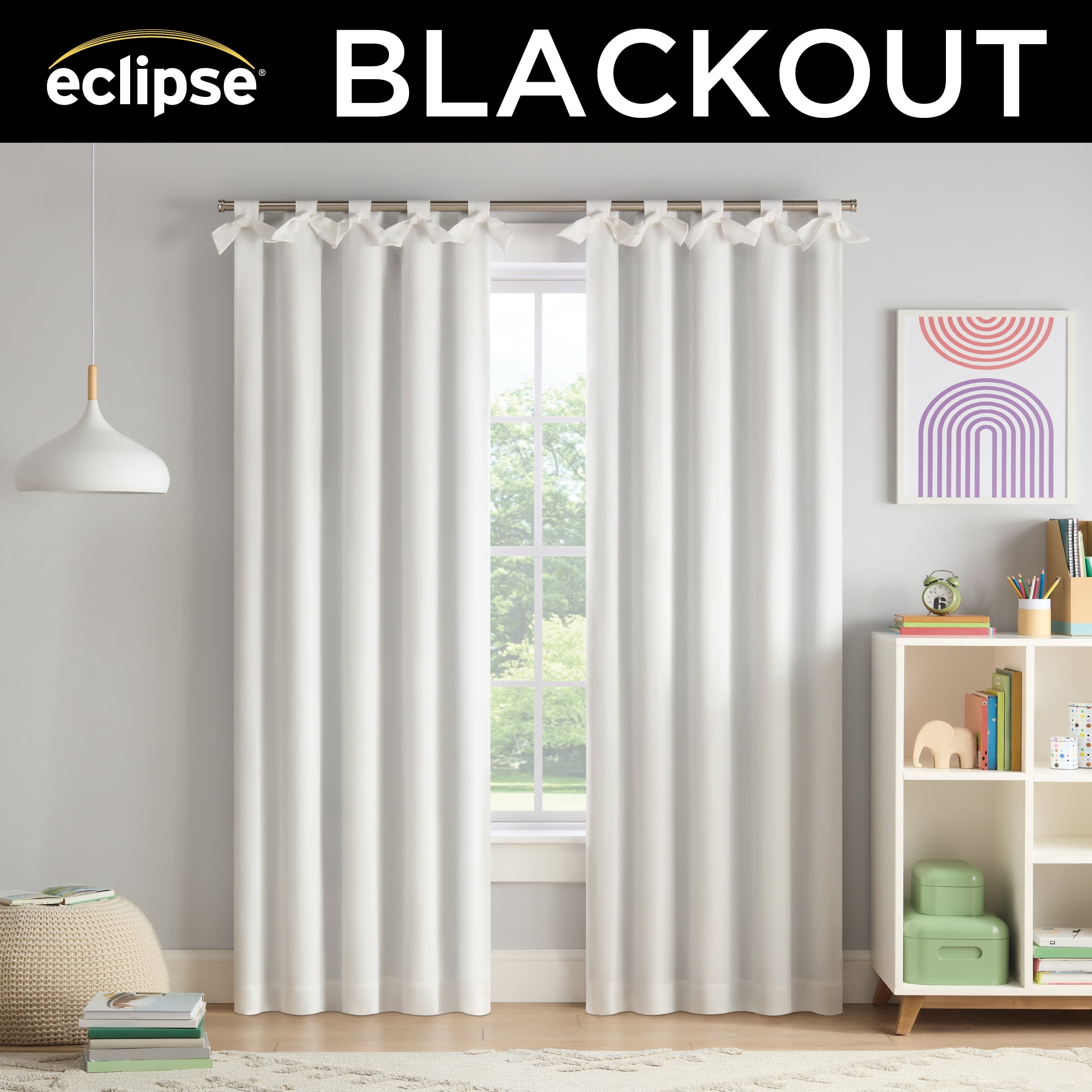 Eclipse Kids Bow Tab Top 100% Blackout 84" long x 40" wide Curtain panel in White