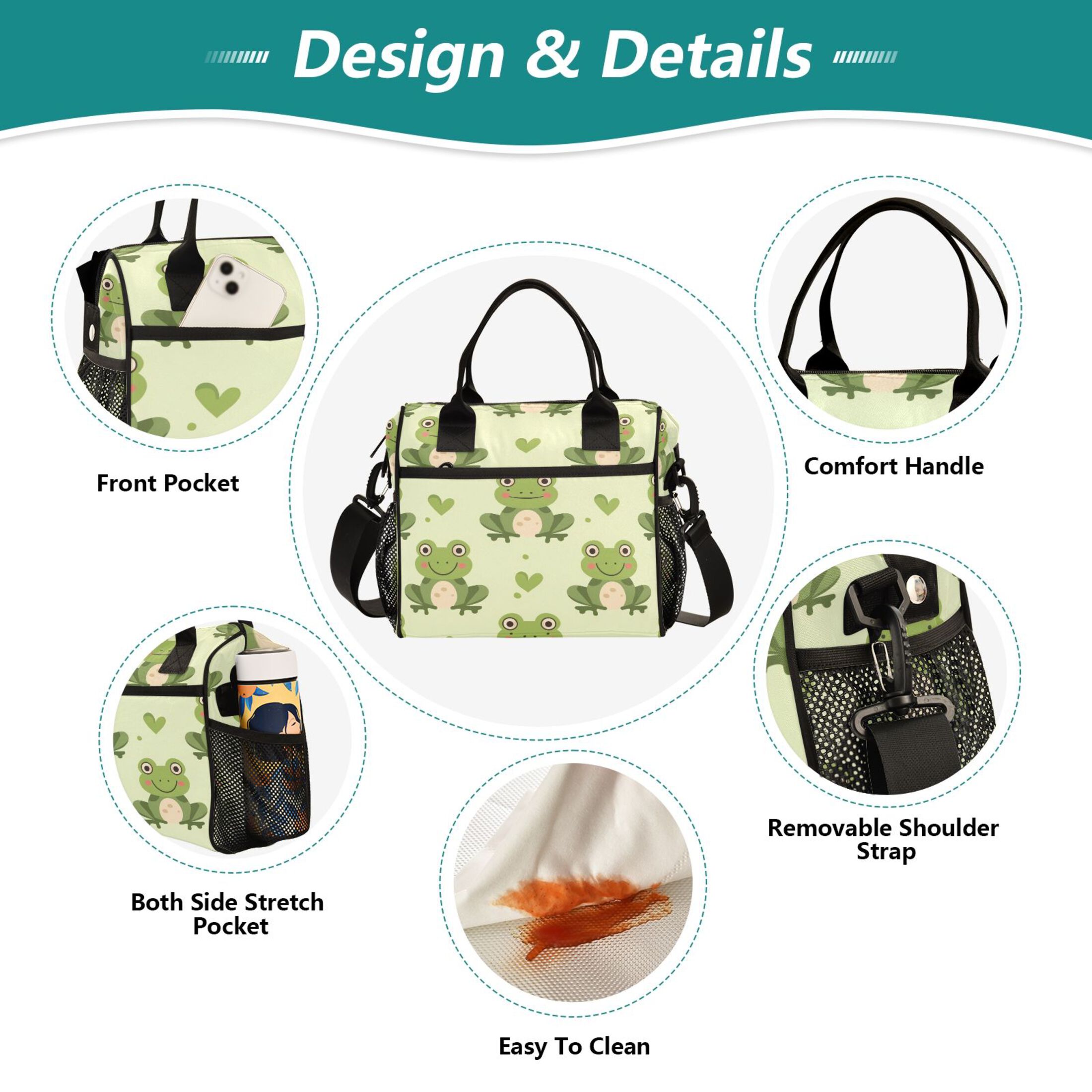 ALAZA Cartoon Cute Frog Insulated Lunch Bag Reusable Tote Box Adjustable Shoulder Strap for Work Picnic