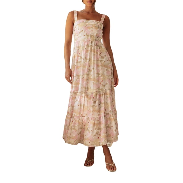 Faithtur Robe d'Été Florale pour Femmes Décontractée Sans Manches Col Carré Longue Robe Fluide Mignonne Robe de Vacances