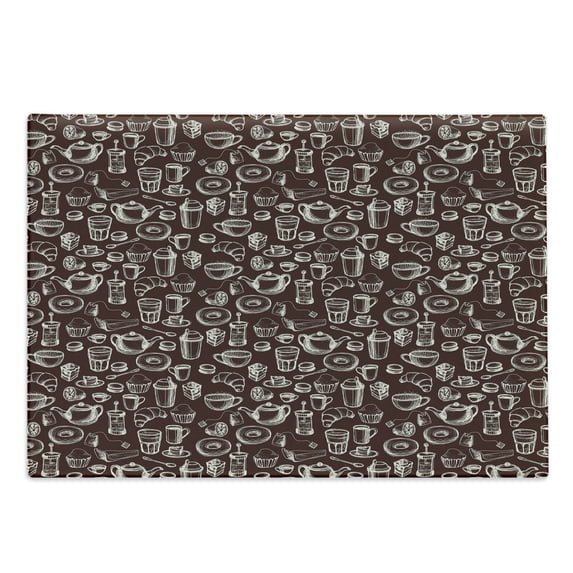 Brown and White Cutting Board, Hand Drawn Style Pattern with Coffee Tea Cups Donuts and Sweets, Decorative Tempered Glass Cutting and Serving Board, Large Size, Dark Brown and White, by Ambesonne