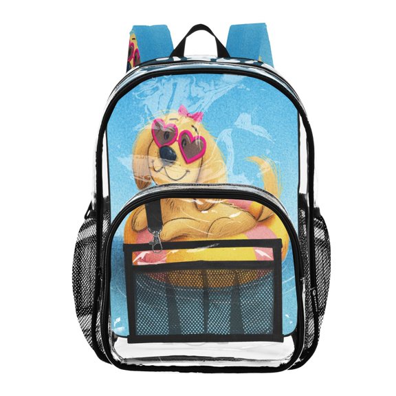 Clear PVC Backpack 12L Transparent Shoulder Bag with Mesh Pockets Heart Glasses Dog Pattern