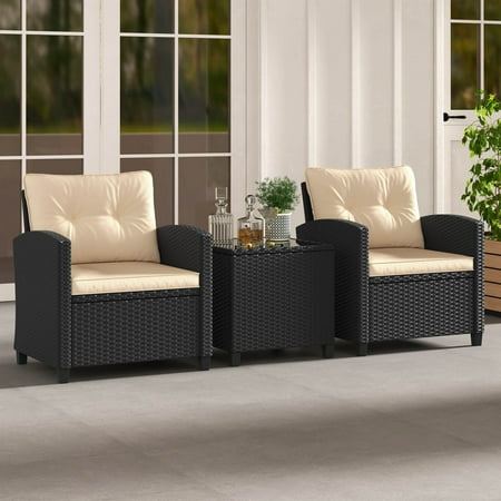 Costway 3 PCS Patio Furniture Set with Tempered Glass Coffee Table Washable Cushions - Beige,Black