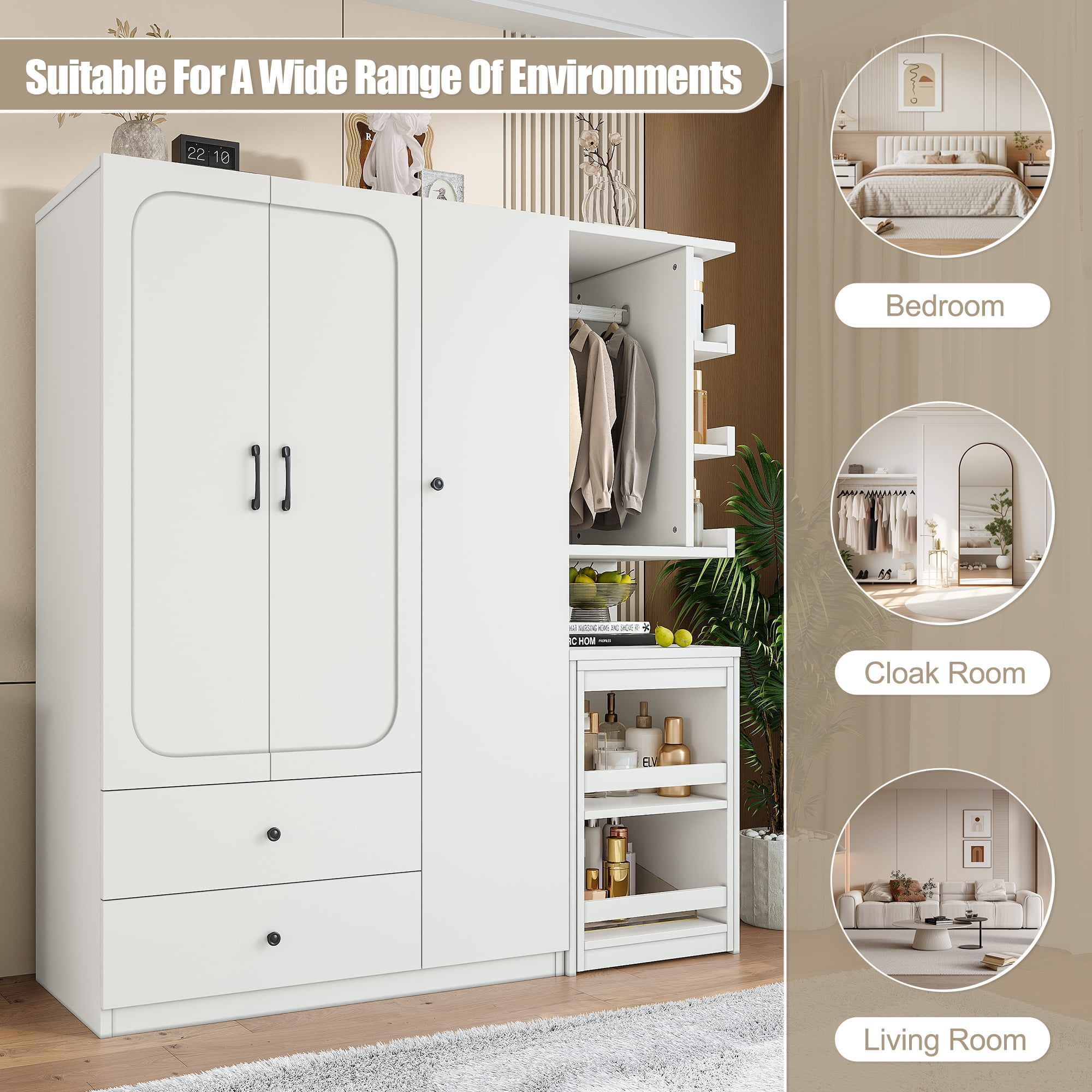 Mintazer Multifunctional Wardrobe Closet with Convertible Foldable Desk & Open Shelves, Clothes Storage Cabinet with Hanging Rod & Drawers for Bedroom Cloakroom Apartment, White