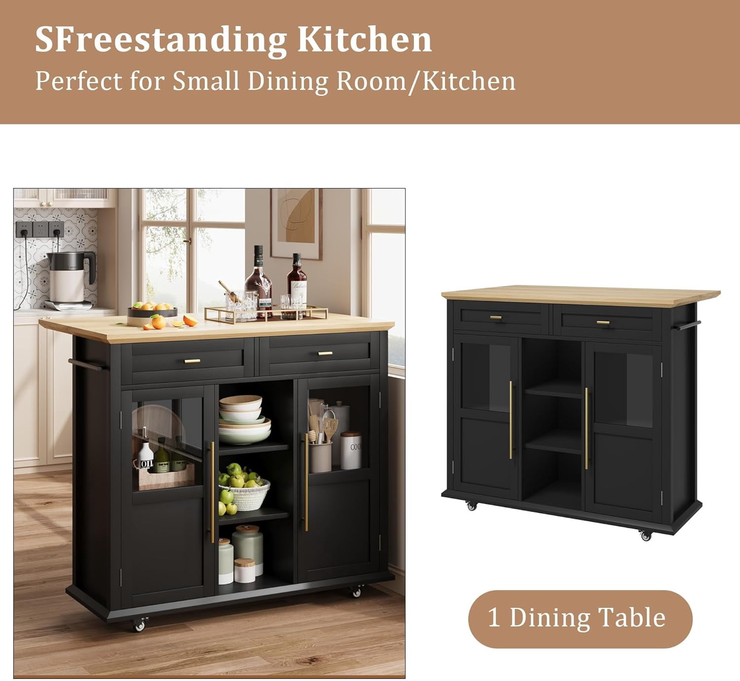 Rolling Kitchen Island Cart with Storage, Foldable Drop Leaf Top, 2 Glass-Door Cabinets, 2 Large Drawers, Spice Rack & Towel Bar, Mobile Kitchen Cart on Lockable Wheels, Black