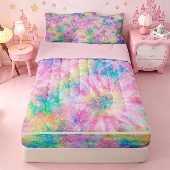 Erosebridal Pastel Rainbow Tie Dye Zipper Twin Comforter Sets with Fitted Sheet and 2 Pillowcases,Colorful Sequin Print Zipper Bedding Set For Adults,Pink Reversible,4pcs