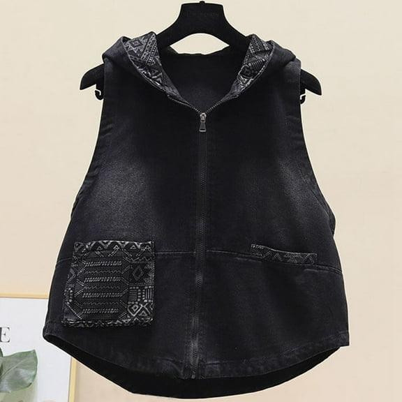 HOMBOM Black Denim Vest for Women Lightweight Short Gilet with Pockets Zip up Overcoat Hooded Windbreaker Womens