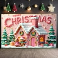 thumbnail image 2 of Pink Theme Christmas Banner Gingerbread House Design Holiday Banner Candy Cane Pattern Snowy Roof Xmas Banner for Christmas Party Indoor Decoration Family Gathering, 2 of 9