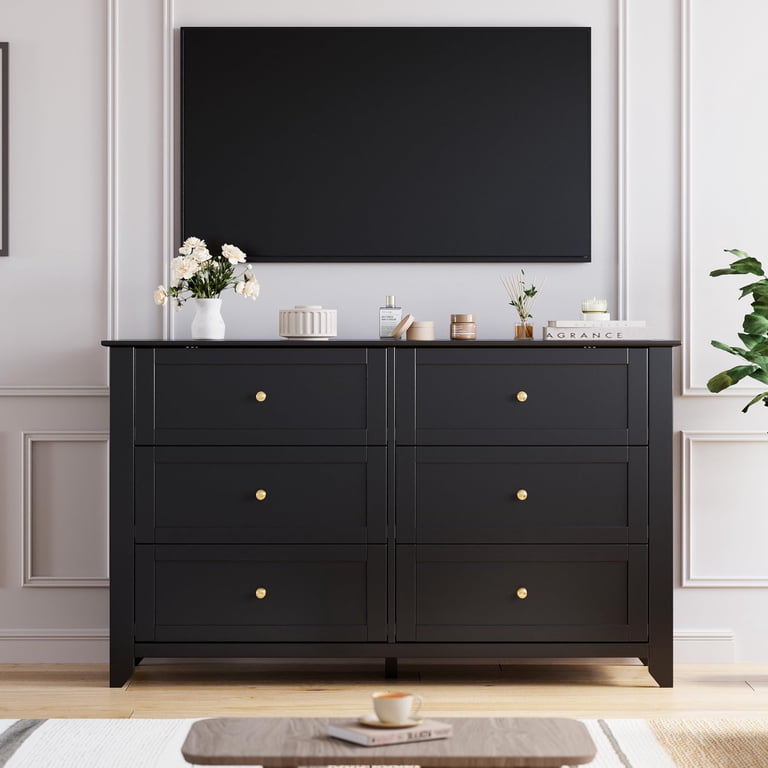 48 Inch 6-Drawer Dresser with Deep Storage Drawers, Waterproof & Scratch-Resistant Wood Chest, Bedroom & Living Room Organizer,Black