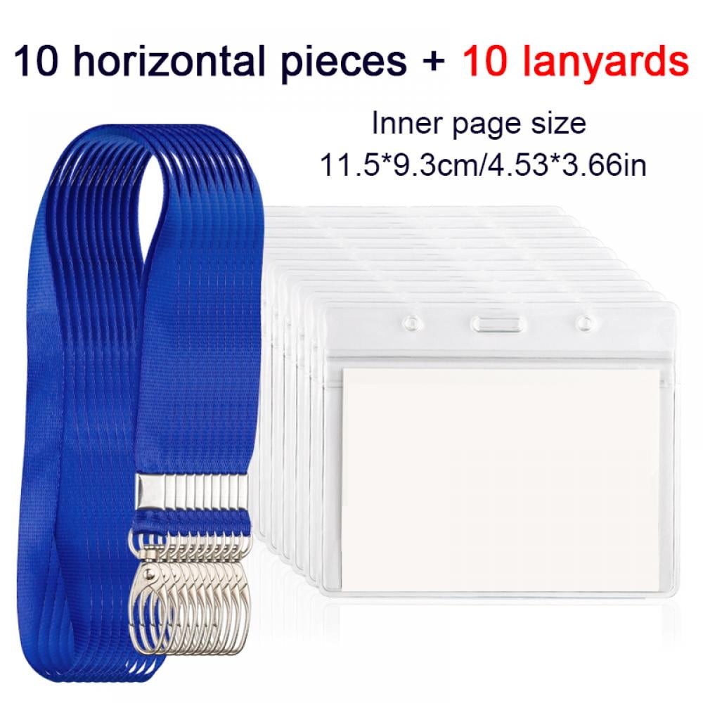 5 Pcs Clear Waterproof Plastic Badge Holders Horizontal PVC Badge Card Holders with Resealable Zip 4 X 3 Inches Name Tag ID Card Holders with Blue Lanyards