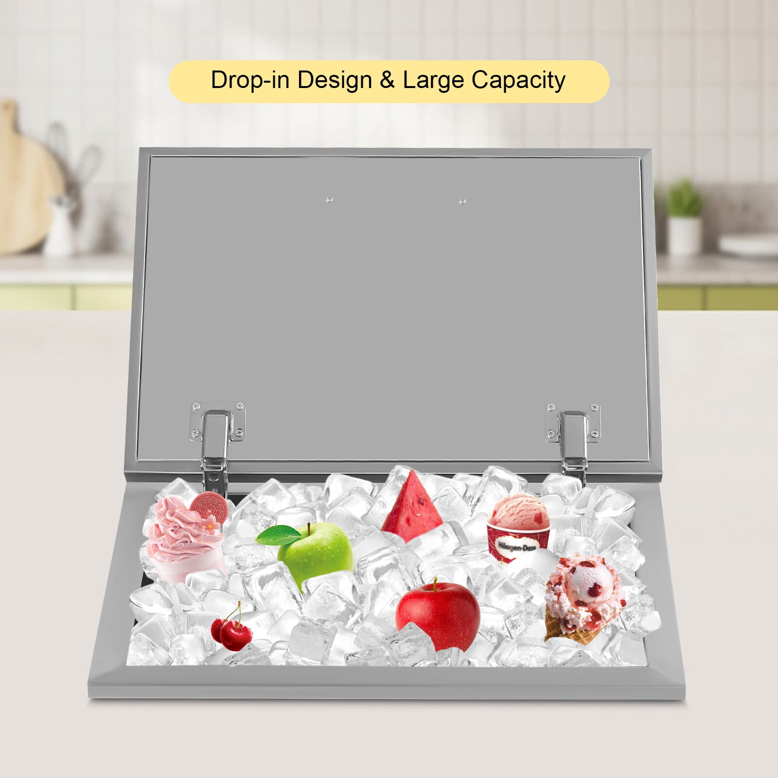 30L Drop In Ice Chest Bin Ice Chest Cooler 304 Stainless w/Lid & Drain 20*14*13inch for Parties, Bars, Kitchens