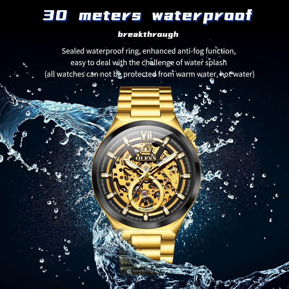 OLEVS Skeleton Watches for Men Luxury Dress Automatic Self Winding Mechanical Gold Plated Stainless Steel Waterproof Luminous Business Men Wrist Watch Reloj Para Hombre