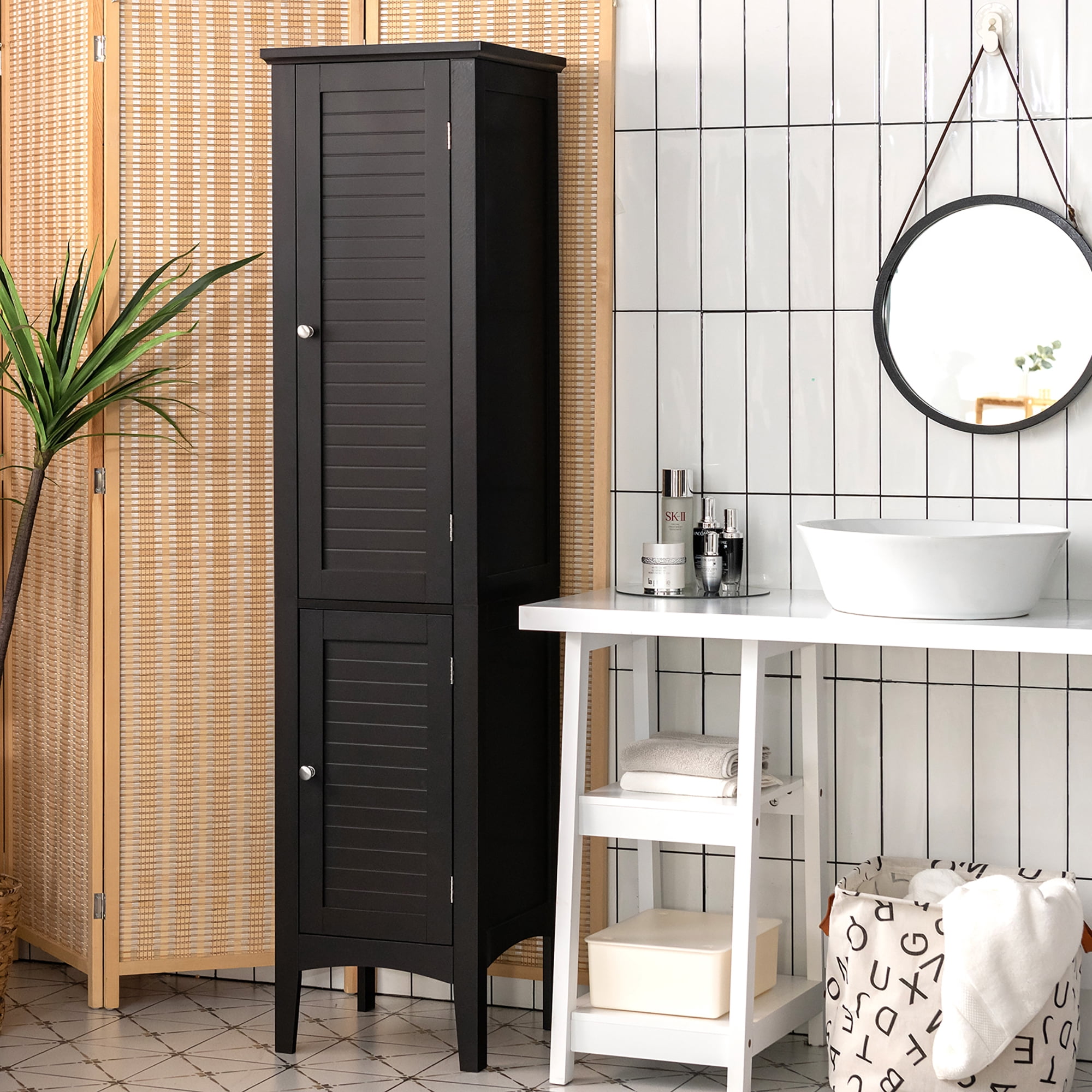 Costway Freestanding Bathroom Storage Cabinet Linen Tower Kitchen Living Room Black