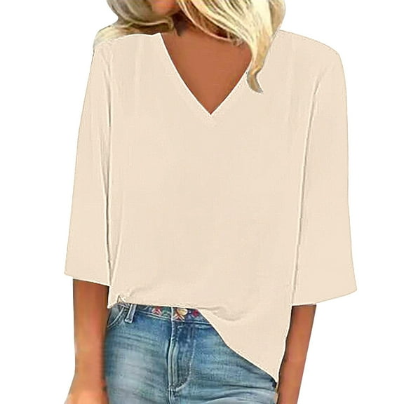 KBZDBZC Tshirts Shirts for Women Women's Solid Color Fashion Casual V Neck Three Quarter Sleeve Tops Women T Shirt Blouses Womens Casual Blouse(Beige,XXL)