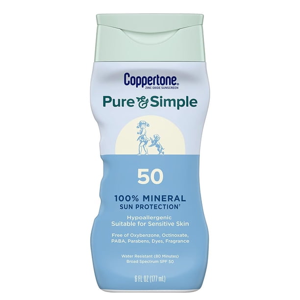 Coppertone Pure & Simple SPF 50 Sunscreen Lotion, Water Resistant, Hypoallergenic, Dermatologically Tested, Plus 100% Natural Botanicals, Broad Spectrum UVA/UVB Protection, 6 Ounce