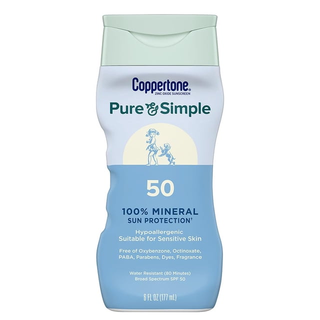 Coppertone Pure & Simple SPF 50 Sunscreen Lotion, Water Resistant, Hypoallergenic, Dermatologically Tested, Plus 100% Natural Botanicals, Broad Spectrum UVA/UVB Protection, 6 Ounce