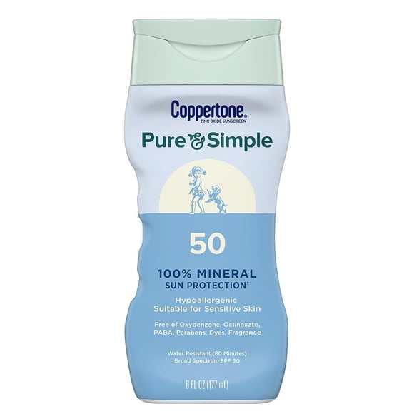 Coppertone Pure & Simple SPF 50 Sunscreen Lotion, Water Resistant, Hypoallergenic, Dermatologically Tested, Plus 100% Natural Botanicals, Broad Spectrum UVA/UVB Protection, 6 Ounce