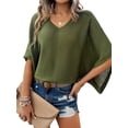 thumbnail image 4 of Hibeli Women V Neck Half Sleeve Hollow Out Solid Color Top, 4 of 7