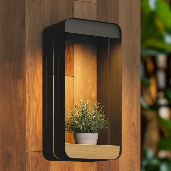 EVERITE Outdoor Wall Lights Steel LED Solar Power Wall Sconce Shelf, Black, L-Rectangle