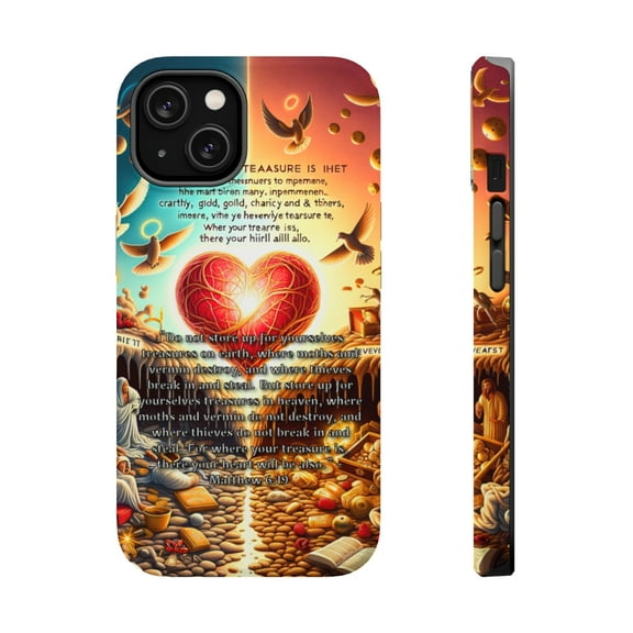 DistinctInk Tough Case for Apple iPhone 13 (6.1" Screen), Compatible with MagSafe Charging - "Matthew 6:19 - Storing Treasures: Earthly vs. Heavenly Abundance"