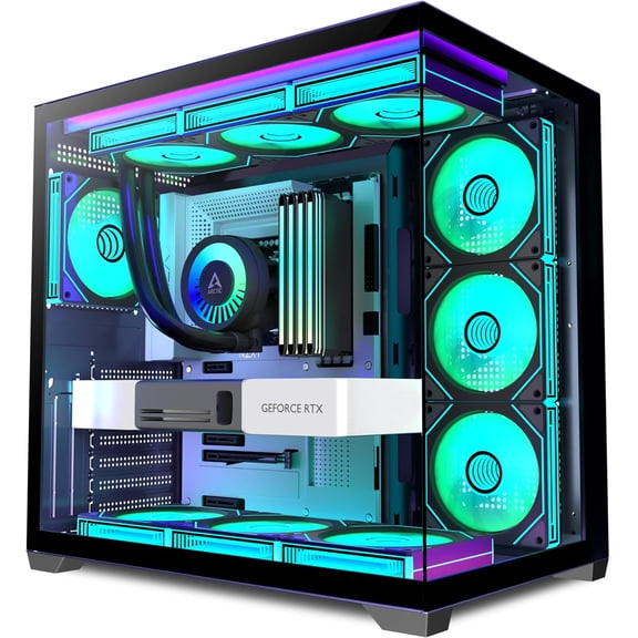 PC CASE 9 PWM ARGB Fans Pre-Installed, Mid-Tower Gaming PC Case, Panoramic Tempered Glass Computer Case with Type-C,360mm Radiator Support，Black,H09