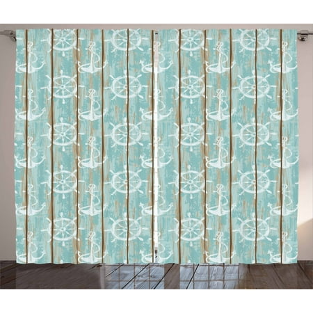 Curtains Marina Nautical Curtains 2 Panels Set, Marine Elements Drawn on Old Wood Surface Helm Anchor Ornamental Print, Window Drapes for Living Room Bedroom, 108W X 90L Inches, Turquoise Cocoa White, by Ambesonne ()