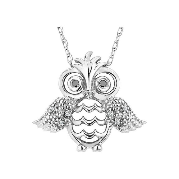 Owl Pendant Necklace in Sterling Silver with Chain and Accent Diamonds for Women