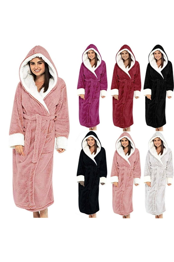 Womens Fuzzy Robes Full Length Fleece Robe with Hood Thermal Winter Long Sleeve Bathrobes with Belt Cozy Sleepwear for Fall Winter Black M