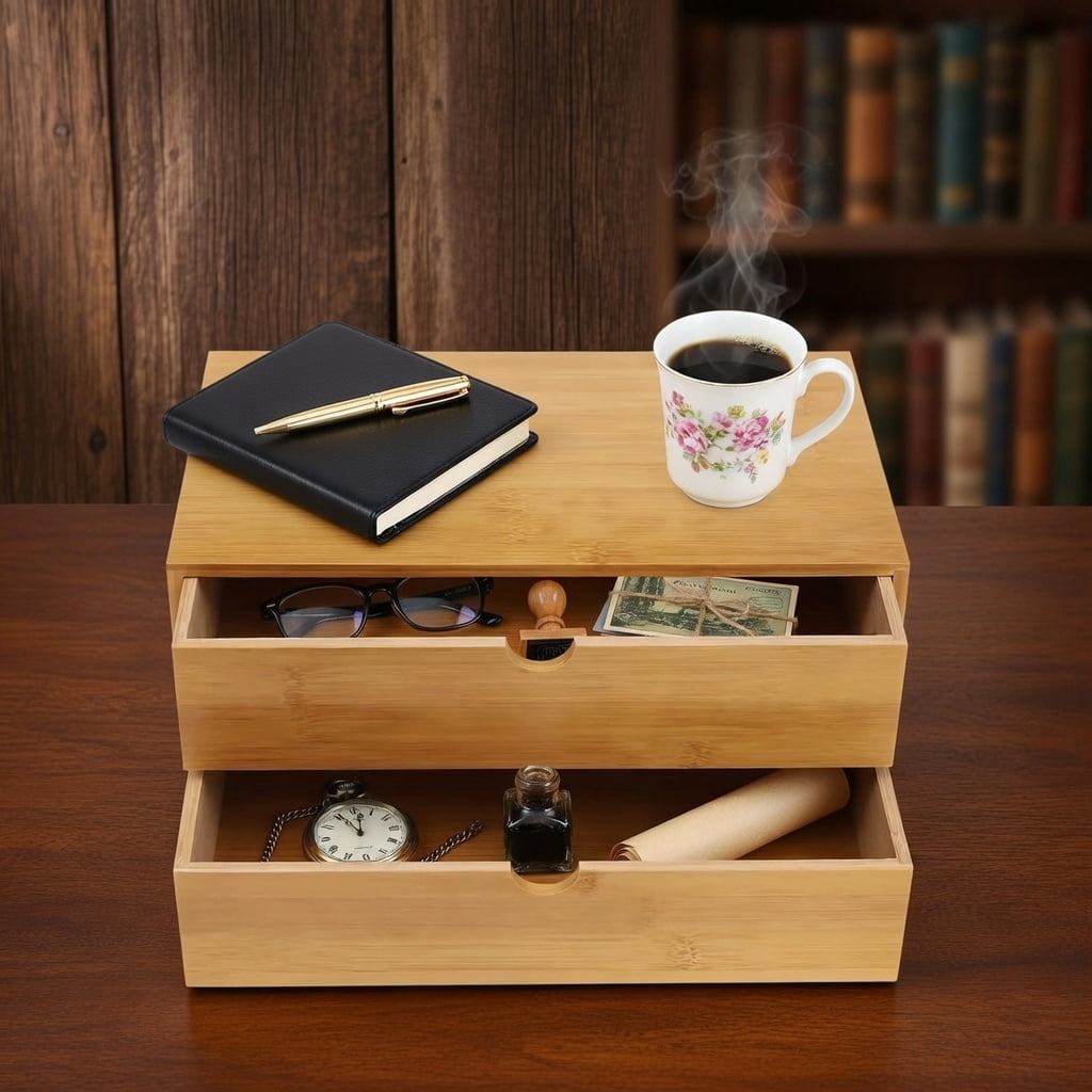 Bamboo Desktop Organizer with 2 Drawers - Natural Eco-Friendly Storage Box for Office Supplies, Makeup, Jewelry, Desk Accessories (33cm x 19cm x 16cm)