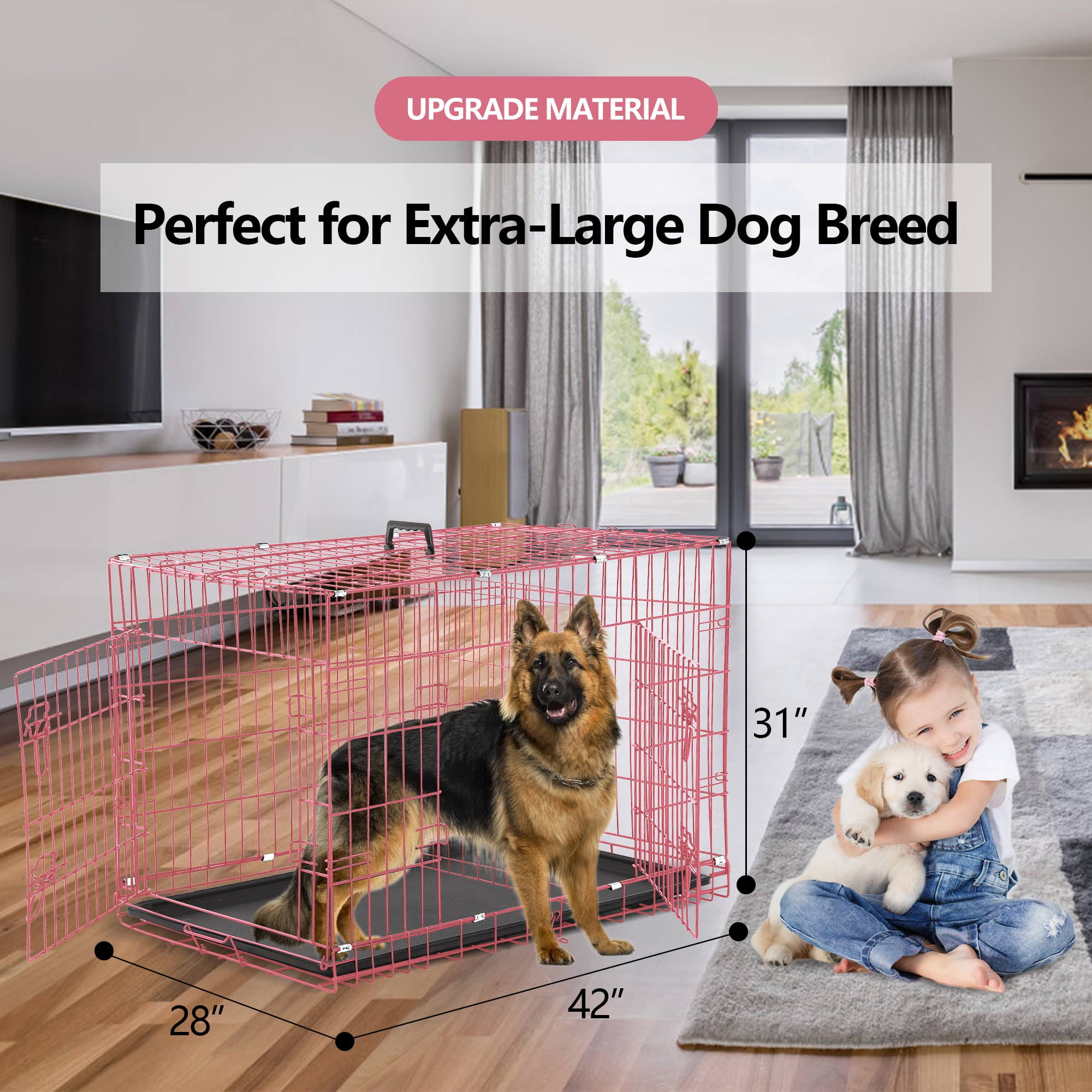 YRLLENSDAN 42inch Dog Crate, Large Dog Kennel Indoor Large Dog Crate Metal Dog Crate with Divider & Double-Door Big Dog Cage Foldable Dog Crate Wire Dog Crate, Pink