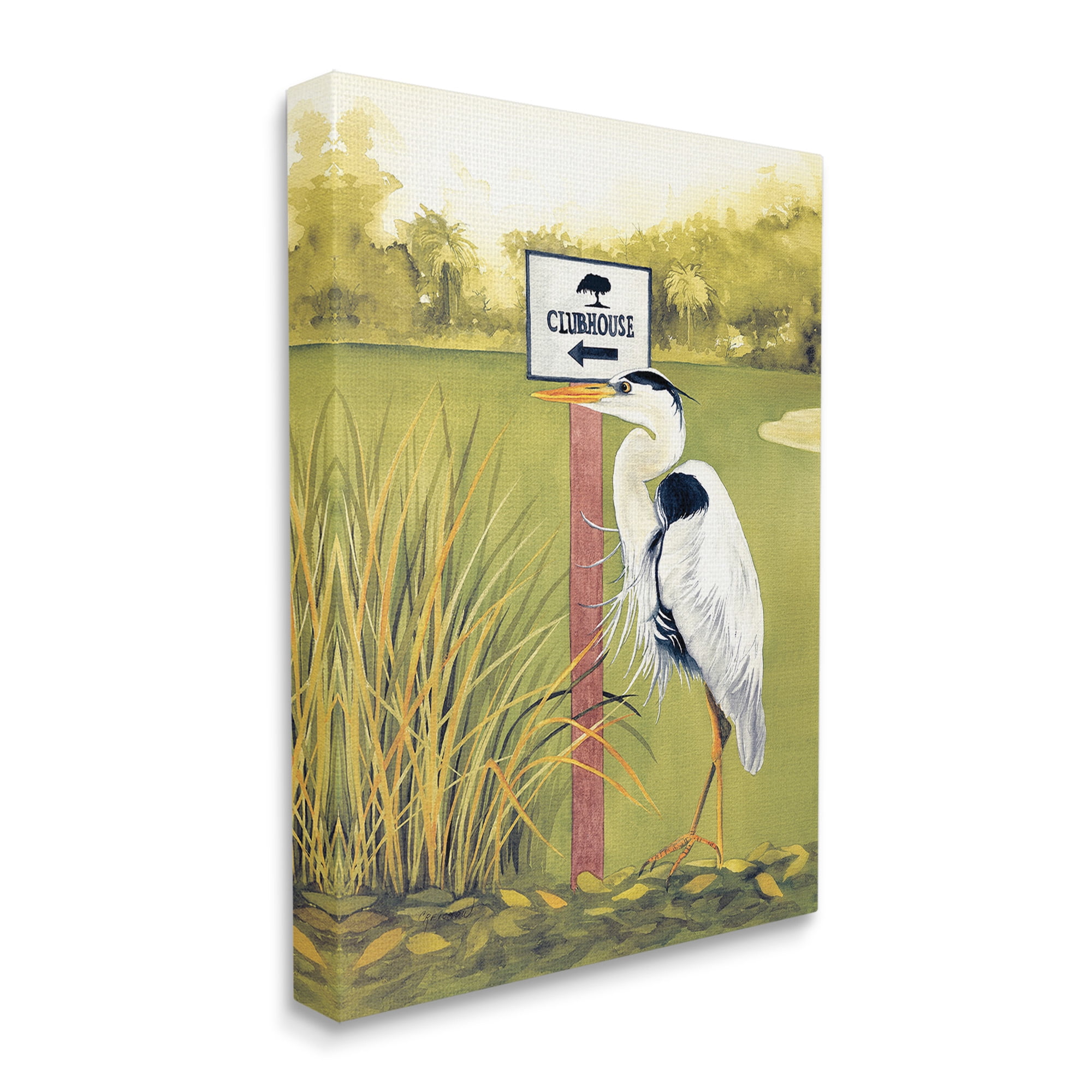 Stupell Industries Heron & Clubhouse Sign Animals & Insects Painting Gallery Wrapped Canvas Art Print Wall Art, 36 x 48