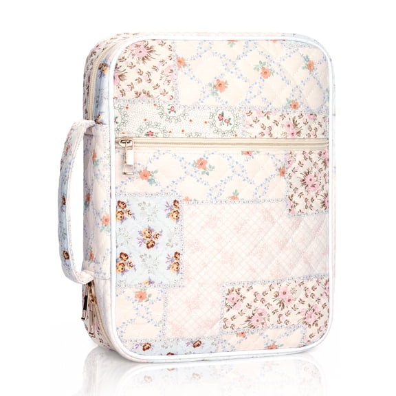 DAKIMOE Bible Cover Case for Women Large Bible Bag Organizer Quilted Carrying Book Case Church Bag Bible Study Supplies Accessories Gift for Mother Lady Women, Patched Flowers