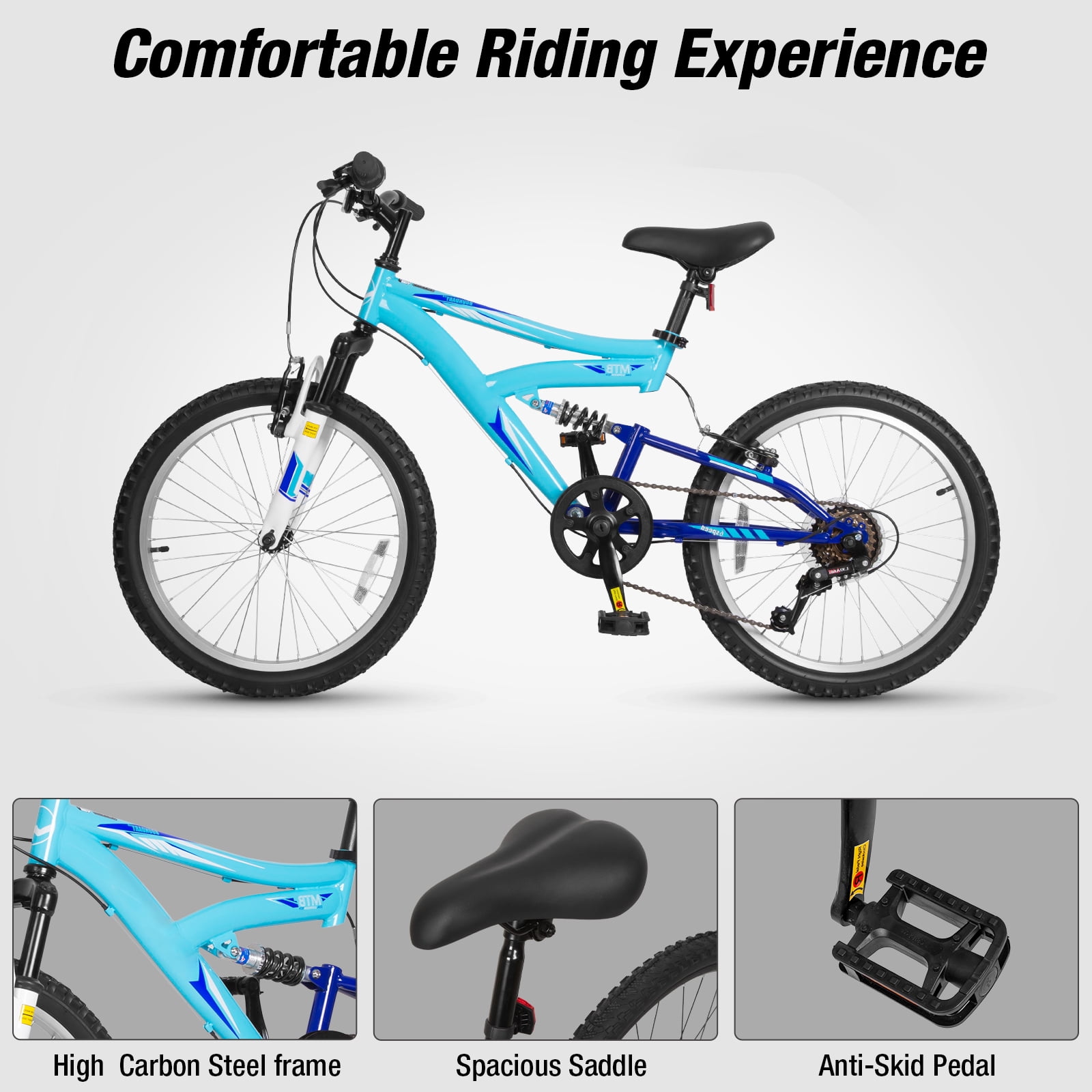 Hykolity Kids Mountain Bike 24 inch MTB Bicycle Age 8-14 Years Height 56-66 in Tween Cycling Full Suspension Sport Outdoor Bikes - Blue