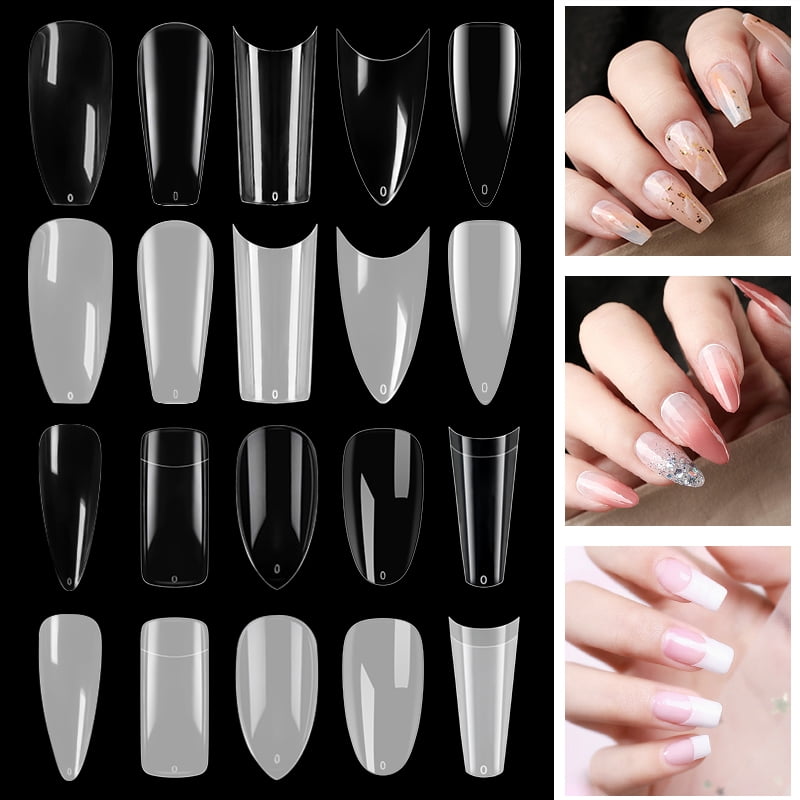PINPAI 500 pcs Long Coffin Stiletto French Fake Nails Clear Half Full Cover Artificial False Nail Art Tips Capsule for Extension