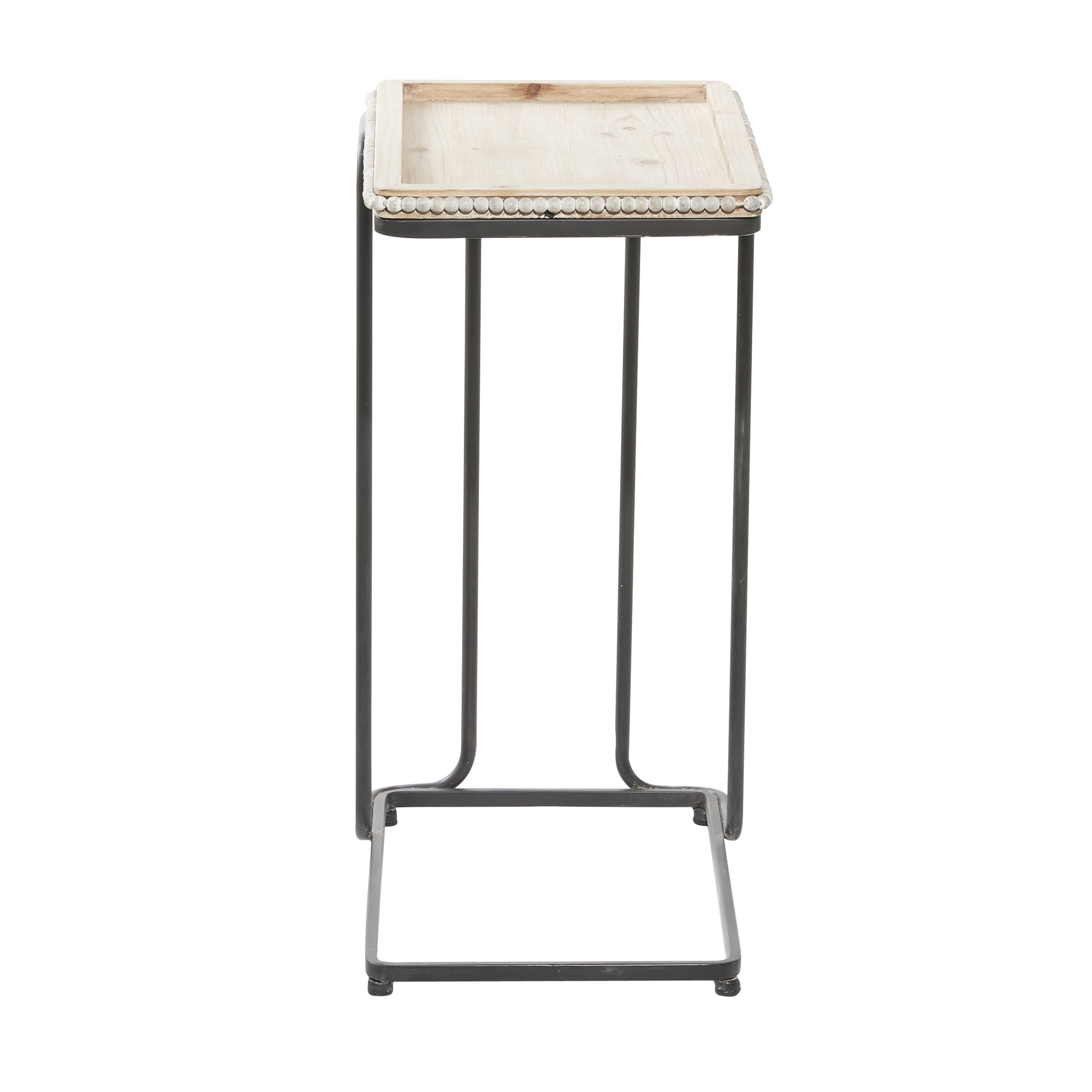 DecMode Iron Industrial C Shaped Side Table with Bead Accents 20"W x 26"H, Cream/White Wooden Finish and Black Metallic Frame