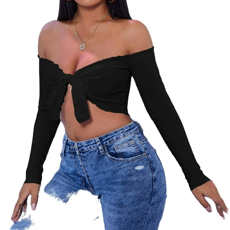 Black Sexy Plain Off the Shoulder Long Sleeve Women s Tops