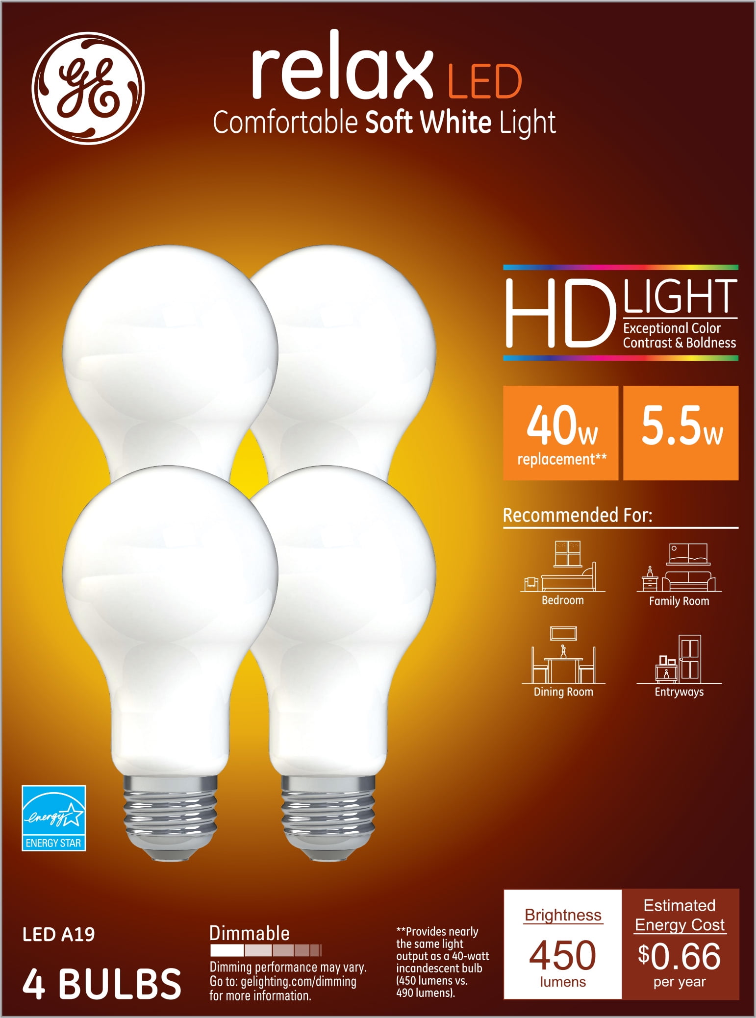 6PK X 4 GE Relax High Definition LED Light Bulb 10.5-watt 2700K Soft White 24 