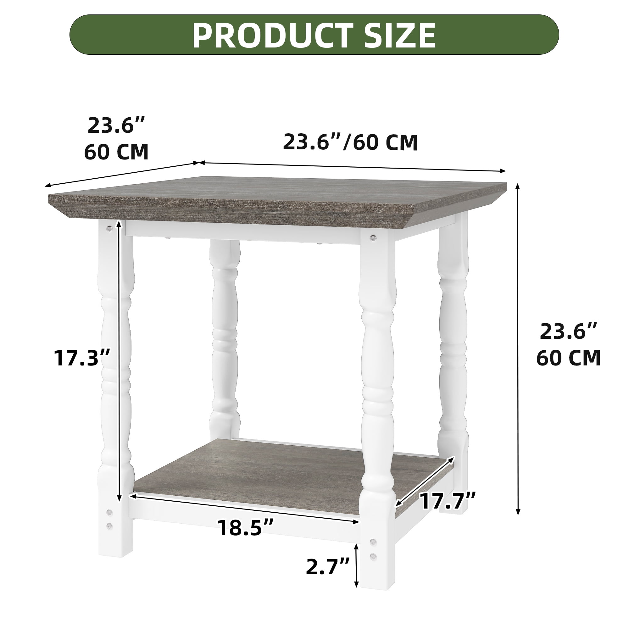 Uforic Roman-Style End Table with Metal Legs, 23.6" Square Side Table with Shelf, White & Gray