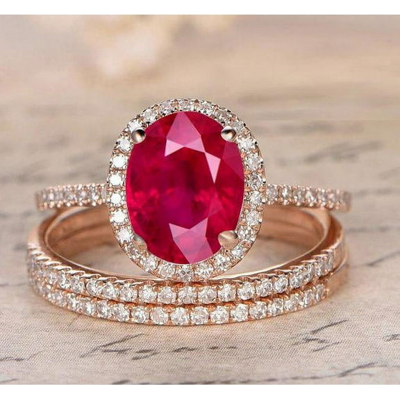 Limited Time Sale: 2 Carat Red Ruby (oval cut Ruby) and Diamond Engagement Bridal Trio Wedding Ring Set in 10k Rose Gold