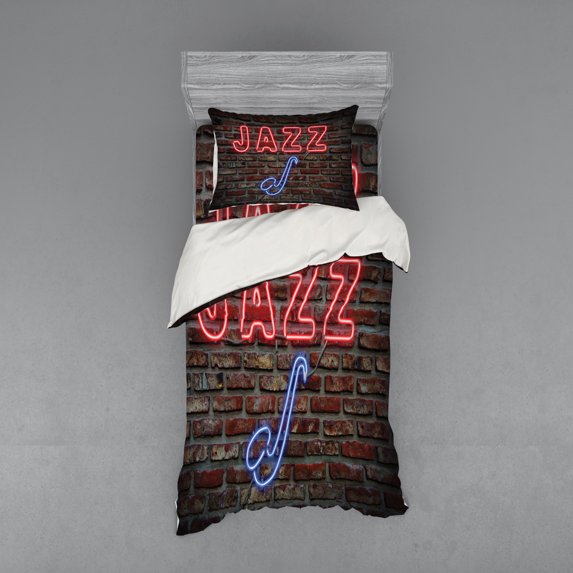 Ambesonne Music Bedding Set 3 Pcs, All Jazz Sign Brick Wall, Twin, Red Blue