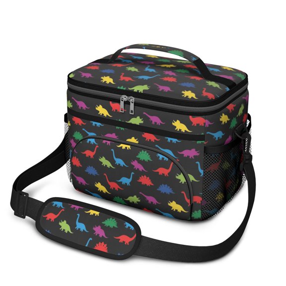 Dinosaur and Silhouette Black Pattern Insulated Lunch Box for Women Men, Medium Leakproof Cooler Bag with Adjustable Strap, 10"x6.7"x8"