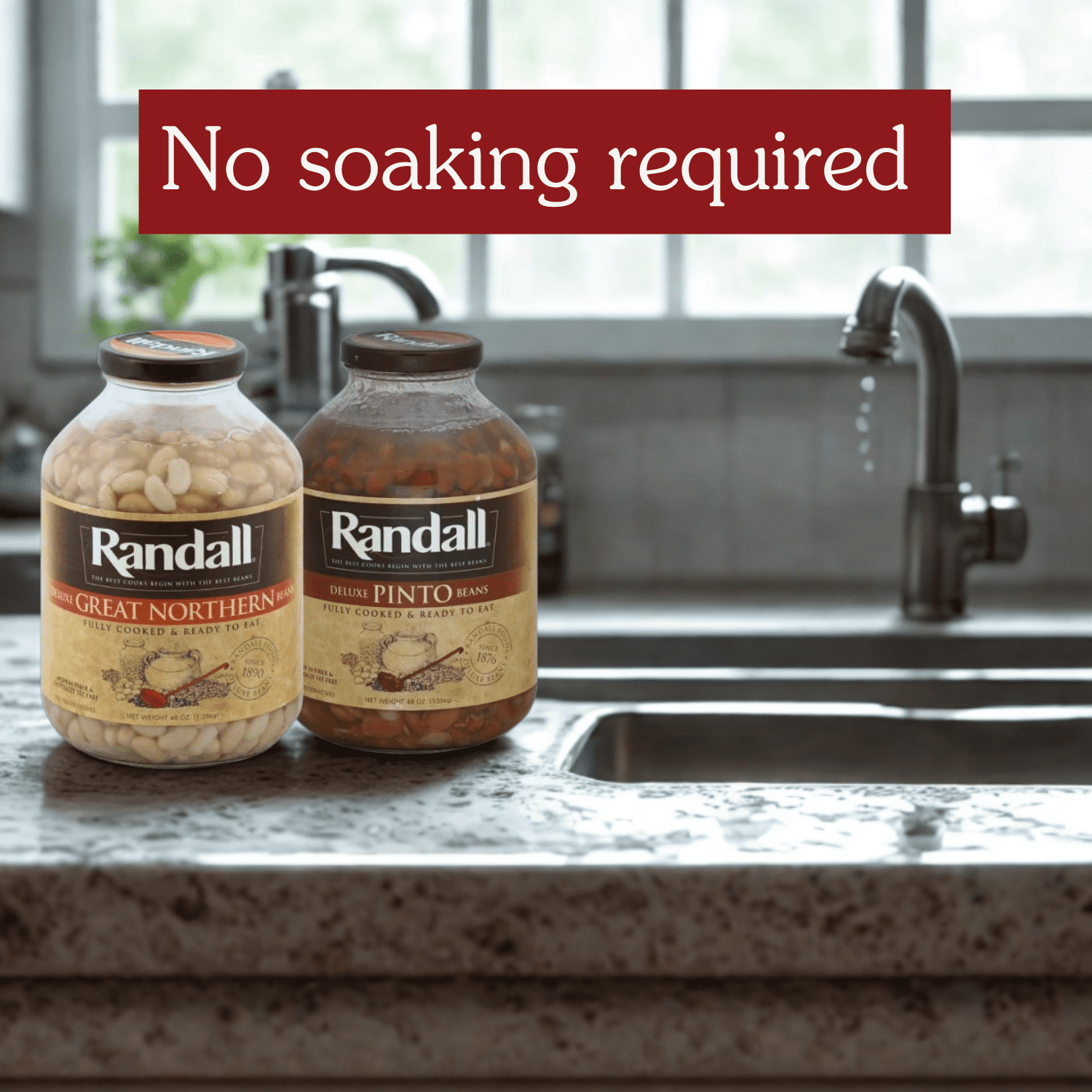 Randall Deluxe Great Northern Beans, 48 oz Glass Jar – Fully Cooked, Family Size (No Spice)