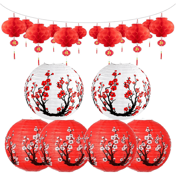 20 Pcs Hibachi Party Decorations Contains 6 Japanese Lanterns with Cherry Blossom Patterns, 14 Chinese Red Lanterns for Chinese New Year Home Restaurant Hibachi Party Japanese Restaurant