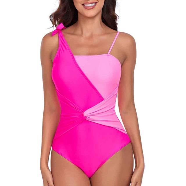 IROINID Womens One Piece Swimsuit Ruched Color Block Slim Fit Stretch Bathing Suits Vacation Beachwear Gifts for Mom Hot Pink S