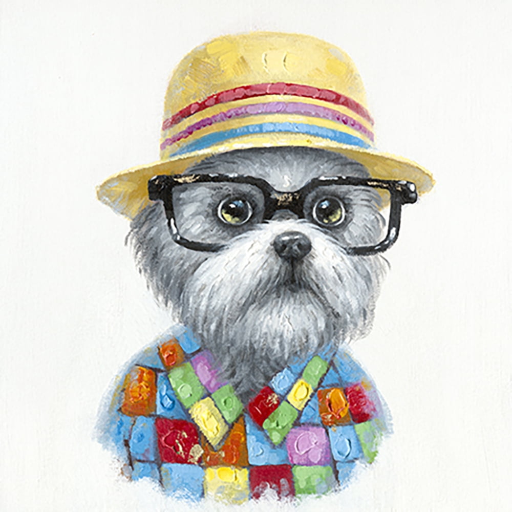 Pet Wall Art Dog With Hat n Glasses Fun Canvas Stretched Frame 28x28